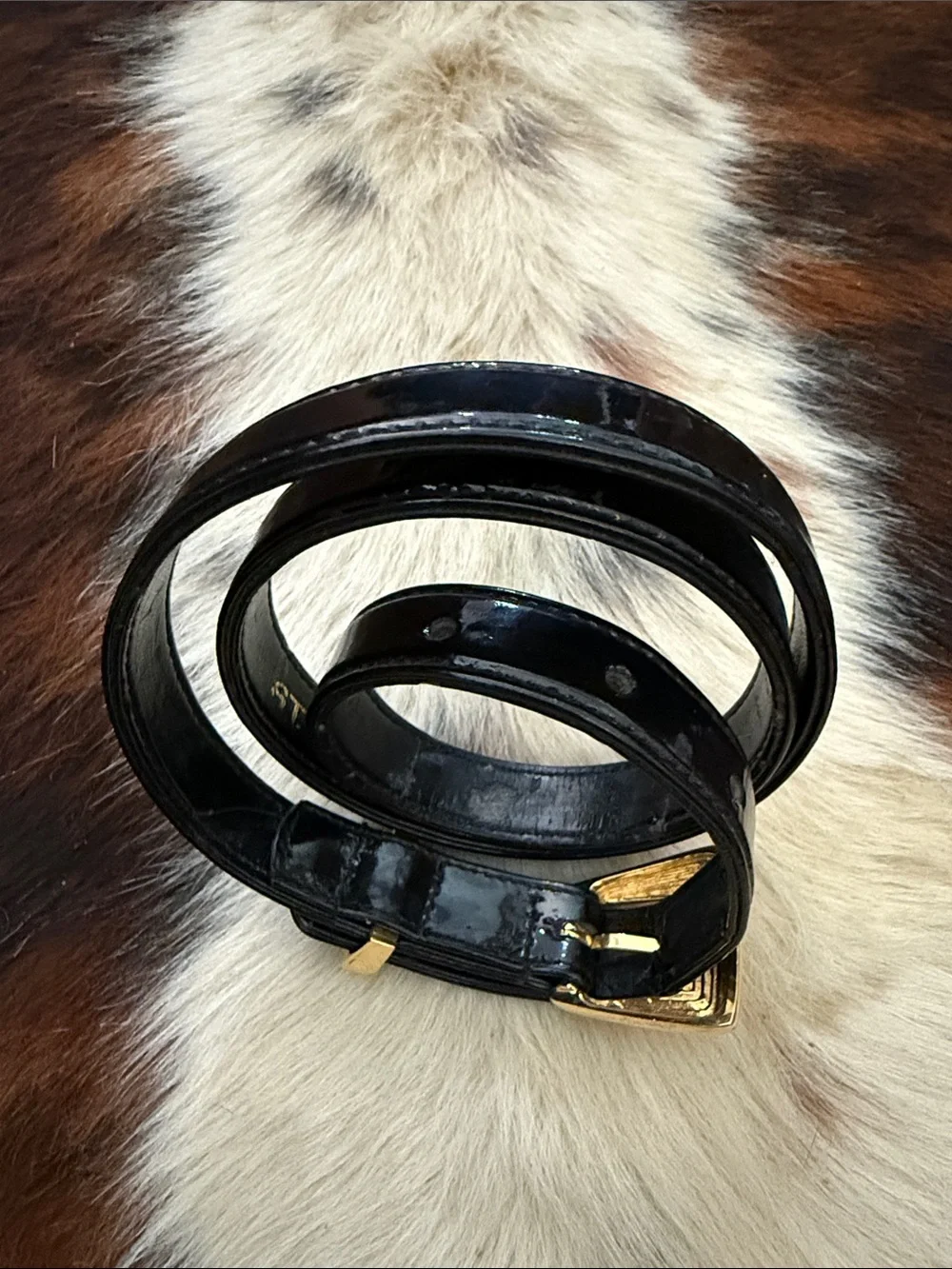 St. John Black Patent Leather Belt with Gold Buckle